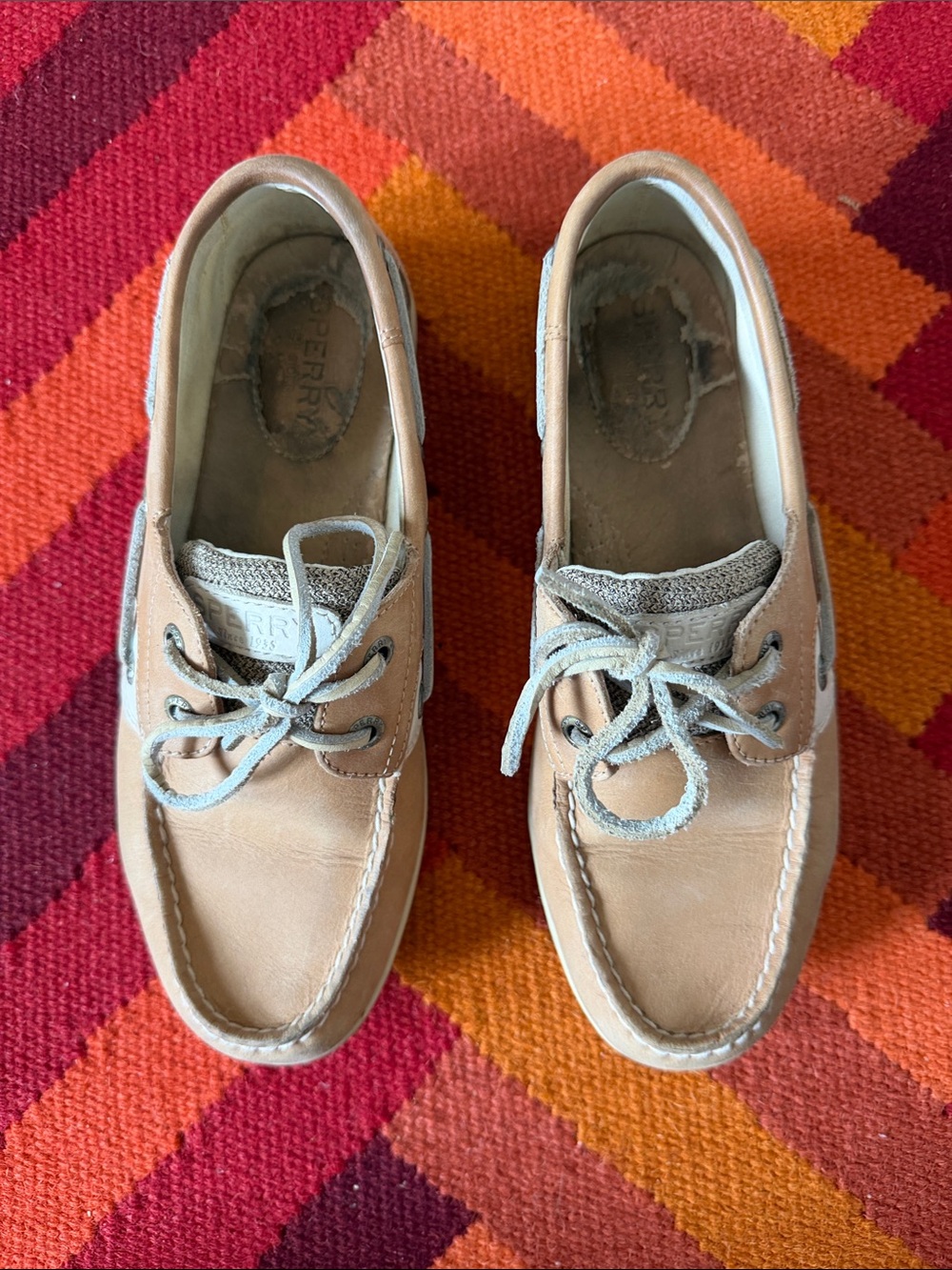 Sperry Light Tan Leather Deck Shoes with Gray Laces